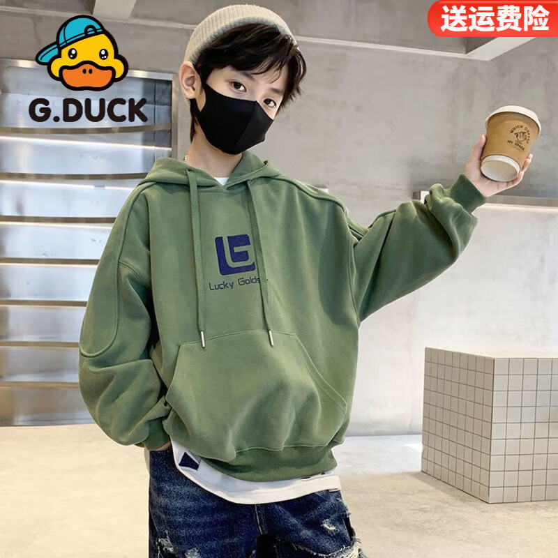 G.duck小黄鸭男童秋冬装加绒连帽卫衣2026新款中大儿童男孩宽松加厚上衣 绿色【春秋款】 130 码 （建议身高120-130cm）