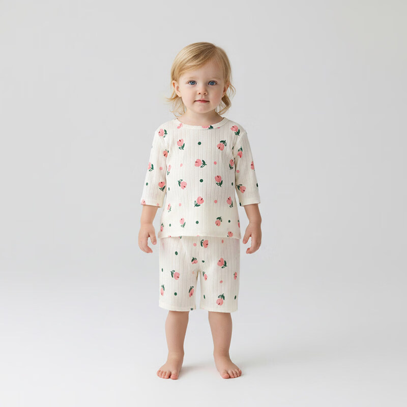 小猪大卫 PECODAVID小猪大卫儿童七分套夏季纯棉A类男女宝宝居家服薄款短袖短裤套装 粉花萌宝 100