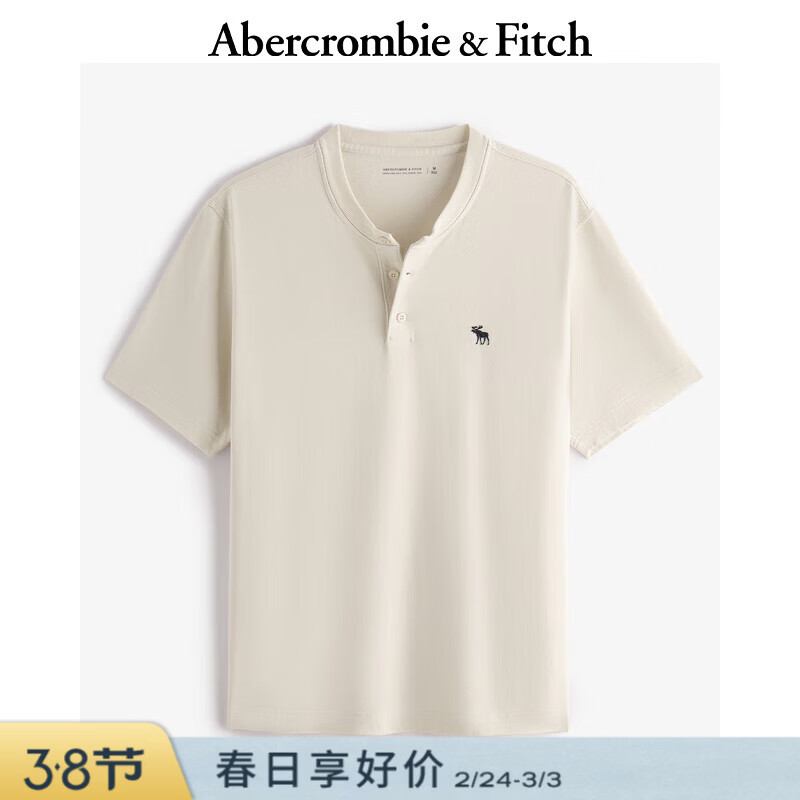 Abercrombie &amp; Fitch经典小麋鹿图案男装25夏季美式重磅宽松亨利领短袖T恤 奶油色 M (180/100A)尺码偏大