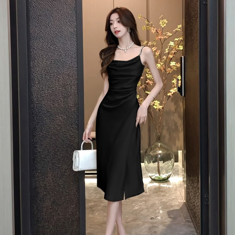 MODX法式小众缎面吊带裙女夏季钉珠开 叉气质洋装纯欲收腰修身包臀裙 黑色 L