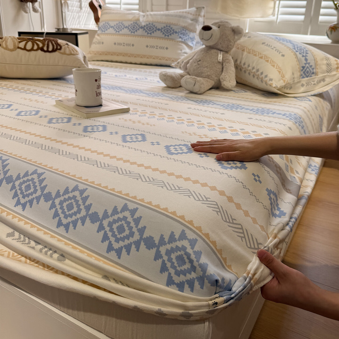 苏萱2026新款纯棉老粗布床笠罩单件四季通用全棉床罩床垫保护罩床单套 花田初夏蓝 180x200cm床笠+枕套一对