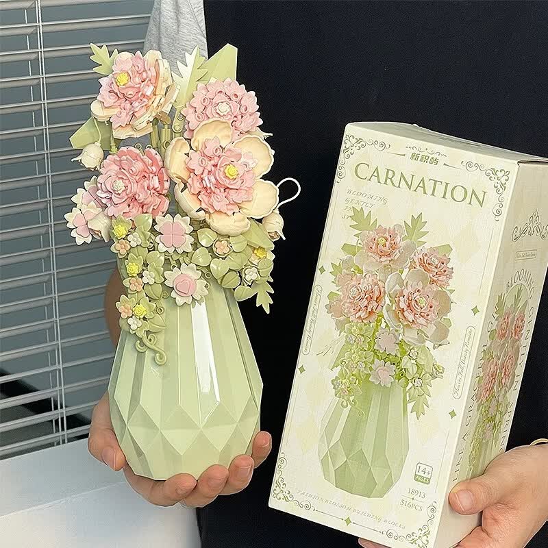 雅拼茉莉永生花积木花束手工diy拼装高颜值拼图摆件生日礼物送女生 馨愿成真+绿色花瓶【精美彩盒】