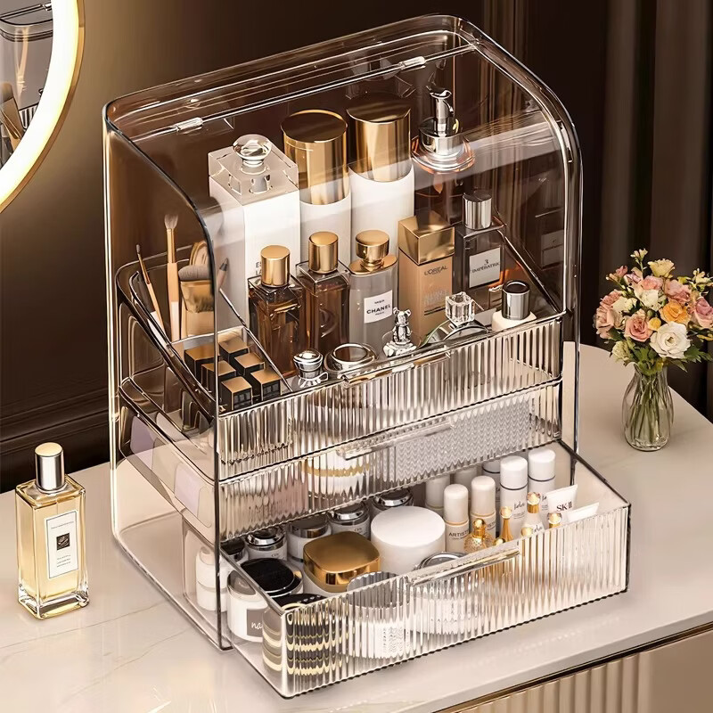 艾仕可（ASCOR）化妆品收纳盒桌面防尘透明高级感大容量化妆刷整理箱护肤品置物架 【特大号-防尘款三层】高透白