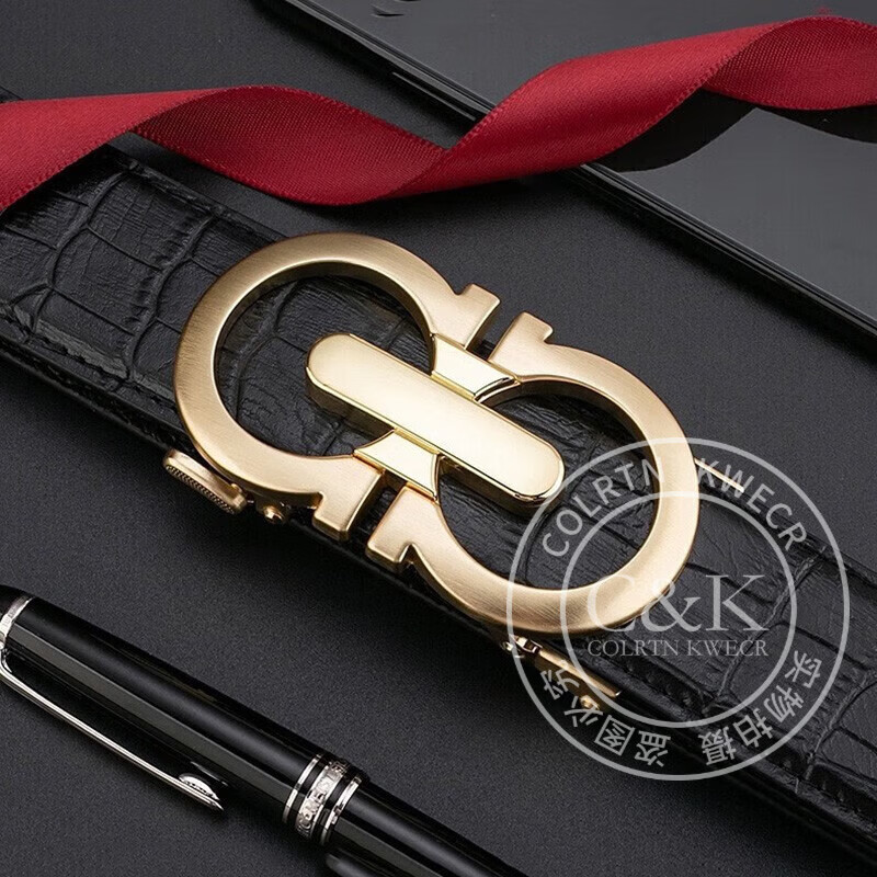 Colrtn Kwecr男士真皮轻奢皮带中青年商务实用自动扣裤腰带礼盒装父亲节奢侈品 CK黑色皮带+8字古金扣头 105cm