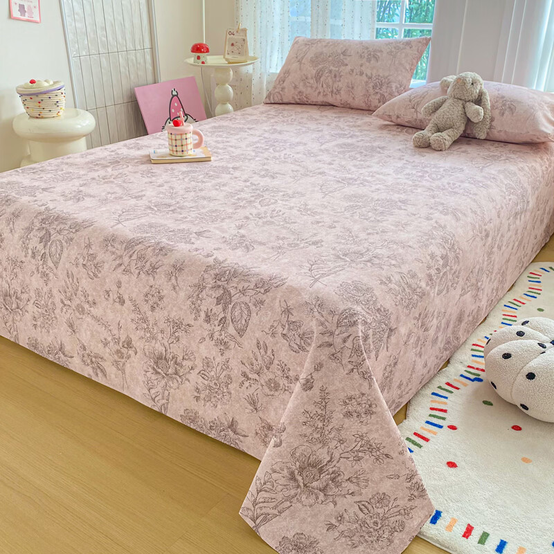 雅鹿加厚老粗布床单单件100原棉亚麻床罩学生宿舍被单三件套单人 木槿 单床单230*240cm