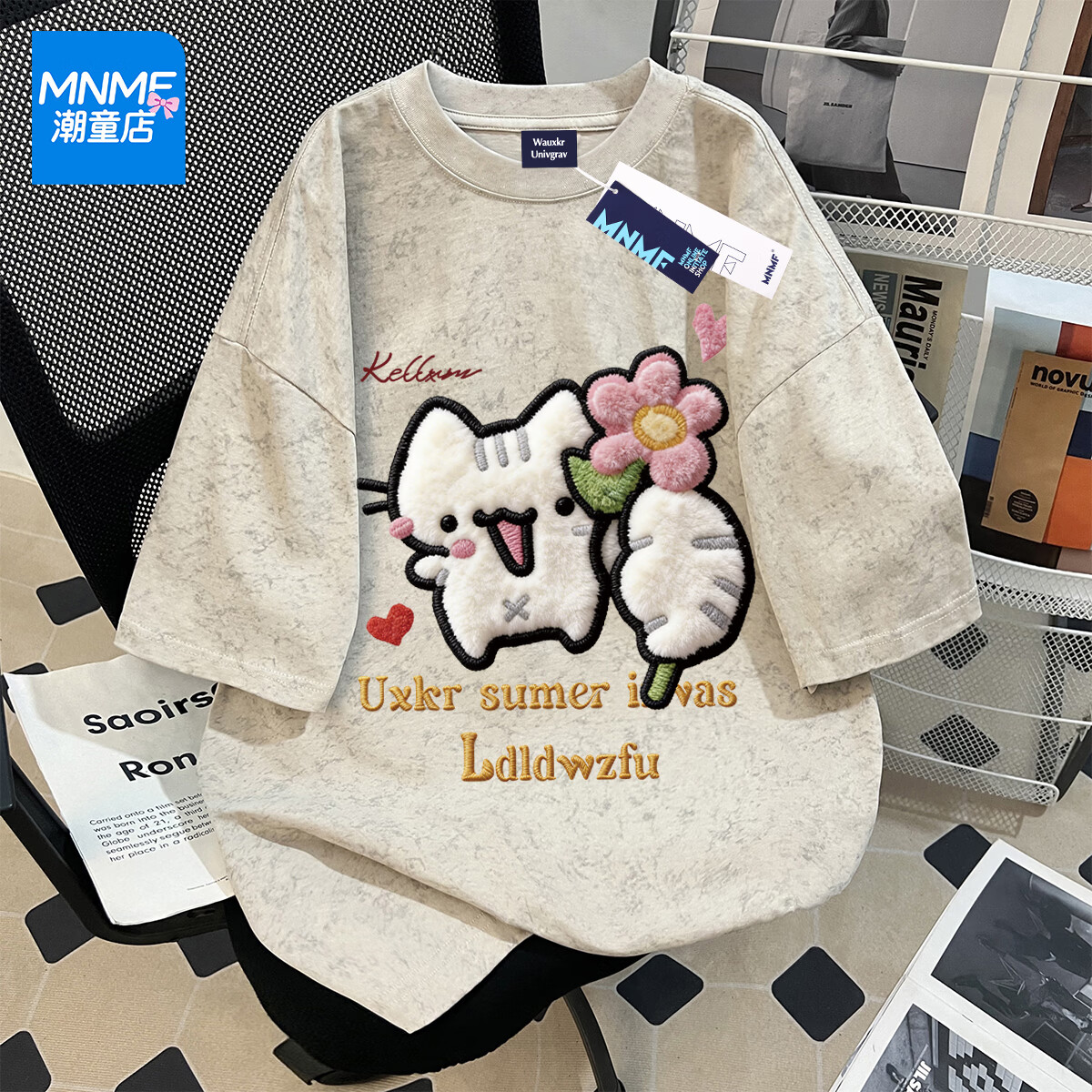 MNMF潮牌可爱小狗仿刺绣女童夏季扎染短袖T恤中大童休闲宽松上衣洋气 卡其色 仿刺绣直喷印花 160 【80-100斤】
