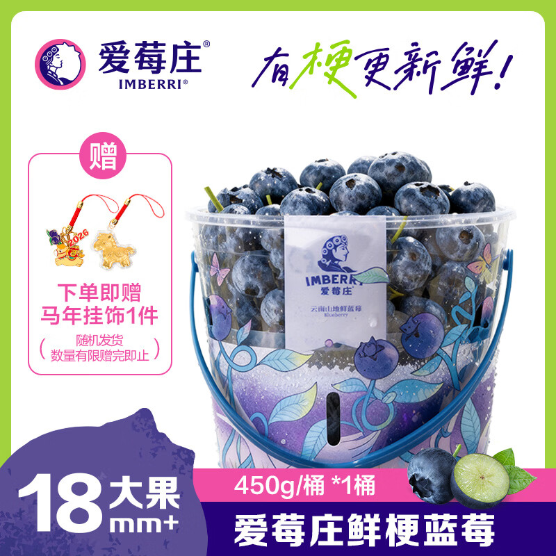 爱莓庄云南桶装鲜梗蓝莓脆甜新鲜手采现摘 450g/桶 18mm+大果 源头直发
