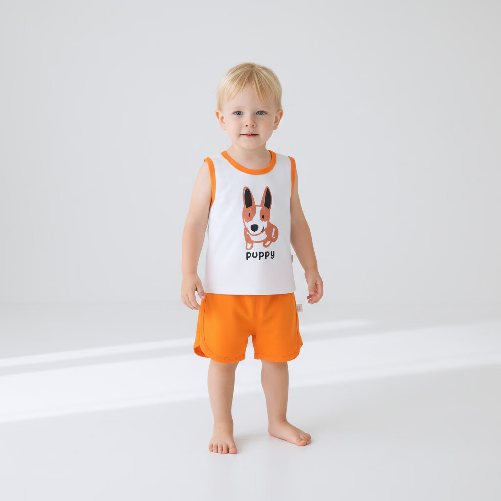 小猪大卫 PECODAVID小猪大卫儿童七分套夏季纯棉A类男女宝宝居家服薄款短袖短裤套装 萌犬柯基 背心套 90