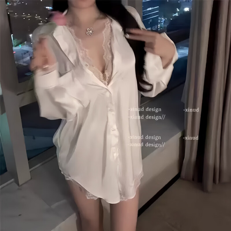 维多利亚的格调男友风衬衫冰丝性感大码睡衣纯欲女蕾丝缎面假两件睡裙家居服 黑色冰丝衬衫+短裤【礼盒装】 XL 【建议150-180斤】