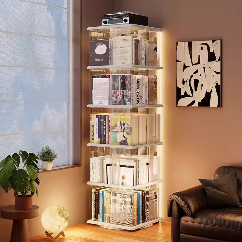 艾仕可（ASCOR）360度旋转书架家用落地书柜客厅转角置物架一体靠墙可移动收纳柜 转盘款/2层-透明白