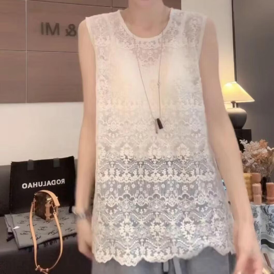 韩版时尚百搭复古钩花镂空无袖蕾丝背心女洋气小衫气质外搭上衣h 【买一送一】米白色 2XL （120-130 ）斤