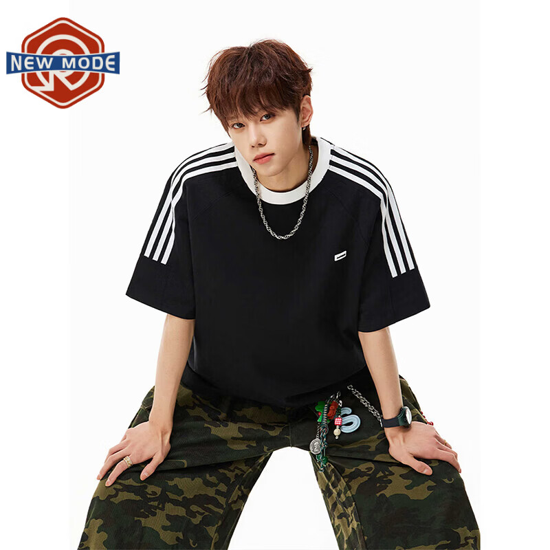 NEW OR MODE美式条纹拼接短袖t恤男夏季复古宽松休闲上衣潮牌百搭设计感半袖T 黑色【高品质】 M 【建议90-110斤】