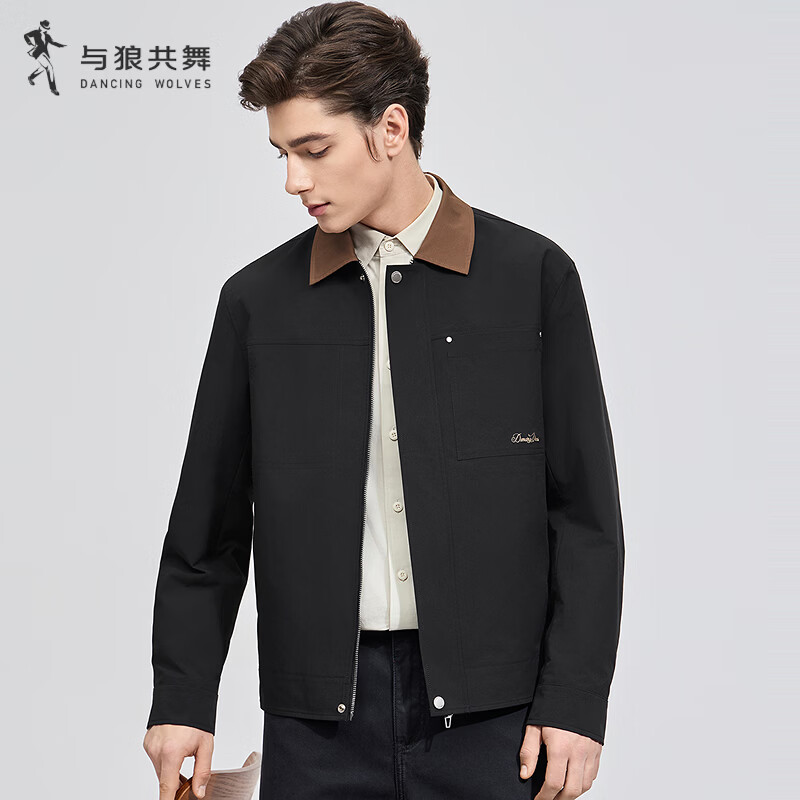 与狼共舞【巴恩风】翻领撞色工装夹克男装26春季新款潮流复古休闲外套 黑色 2XL (185)