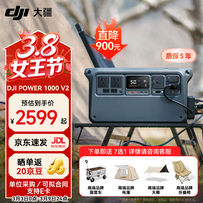 �󽮣�DJI�� Power 1000 mini/v2/2000 ��Я�����ƶ���Դ�����Դ 220V ¶Ӫ1�ȵ糵��Ӧ�������ƶ����ܵ�Դ 2600W 1024Wh 1�ȵ硾��һ��V2�� �ٷ����䣨1000mini ����Ʒ��