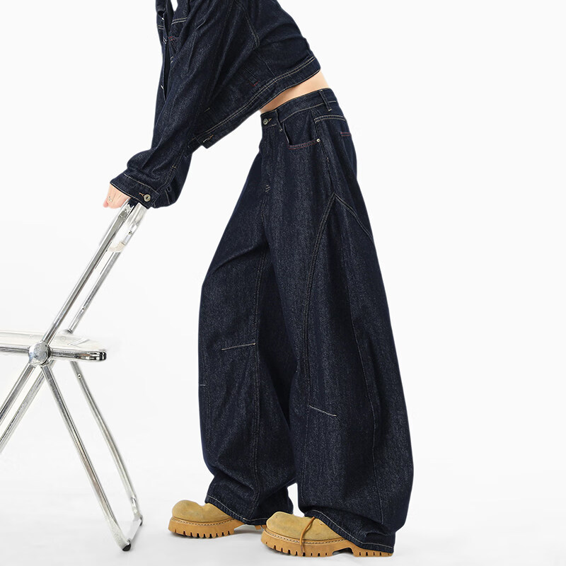 MODX美式复古丹宁蓝弯刀牛仔裤男女廓形解构宽松百搭阔腿休闲裤 蓝色 M