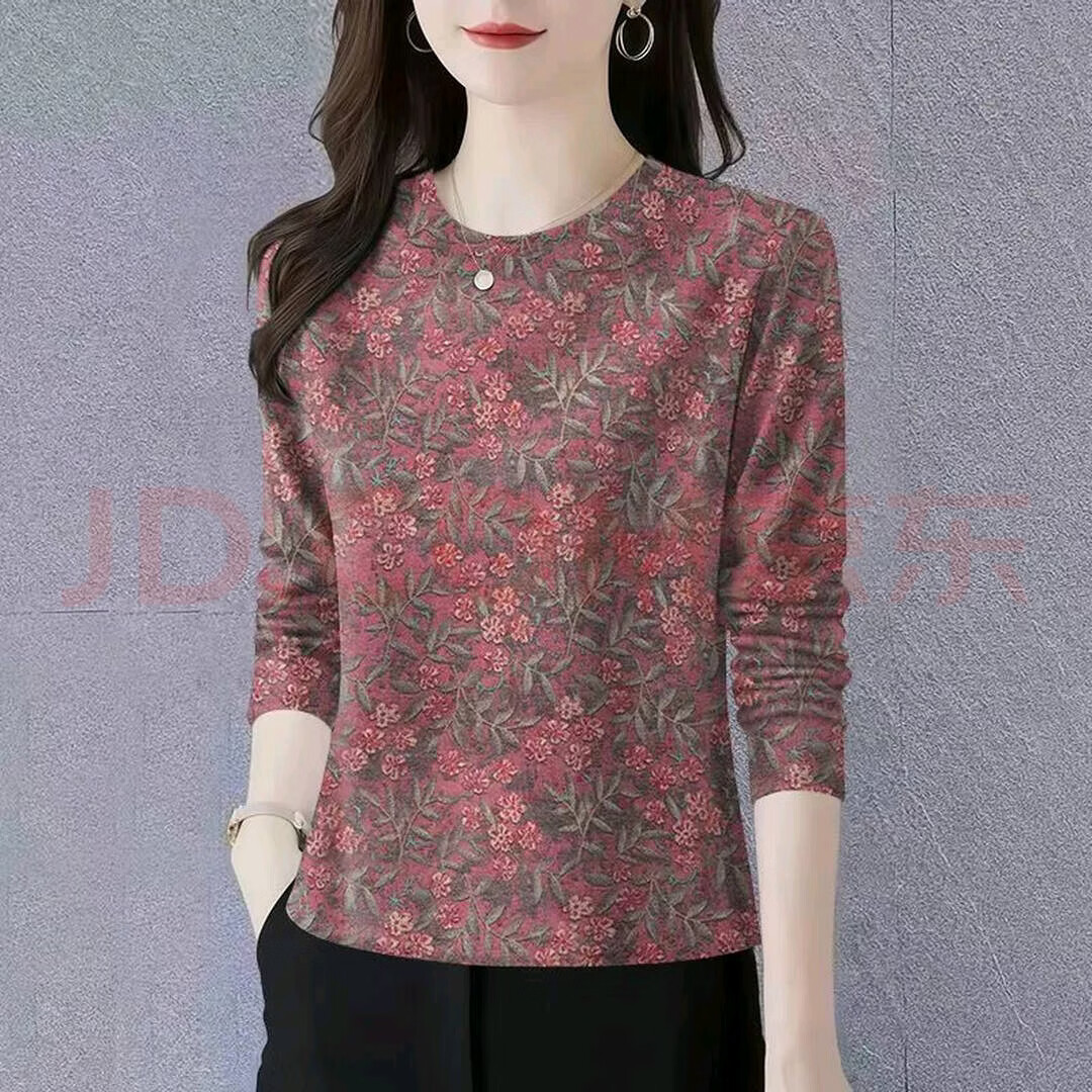长袖t恤女秋冬新款大码减龄上衣2025新款时尚圆领T恤长袖女装打底 红碎花【圆领长袖】 薄款 2XL 建议120斤-135斤