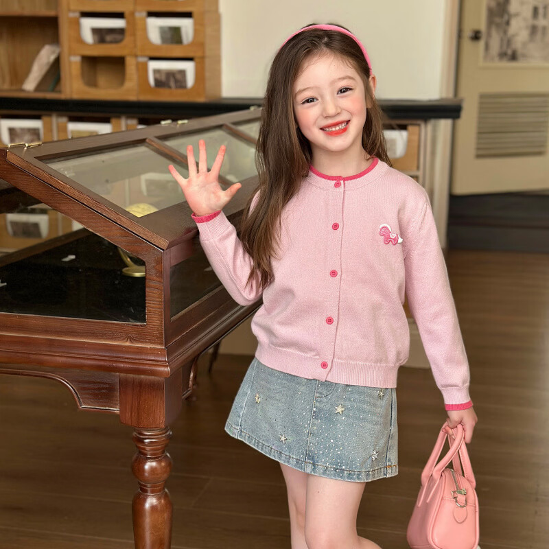 栀了成长记女童装可爱撞色毛衣2026春季儿童新款休闲百搭针织开衫 粉色 上衣 100 cm