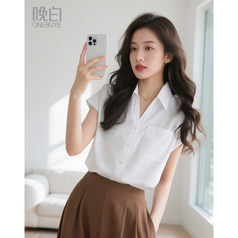 晚白【断码清仓】2026年春款时尚气质上衣短袖休闲纯色翻领衬衫女 白色 S