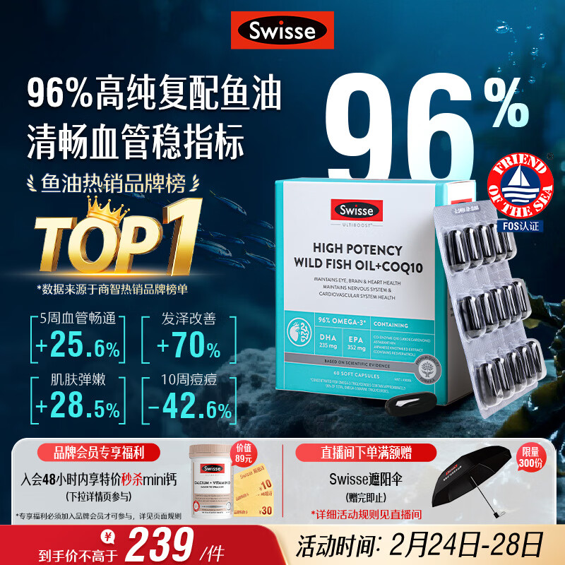 Swisse斯维诗 96%高纯度深海鱼油辅酶Q10软胶囊 黑绷带鱼油60粒 鱼肝油