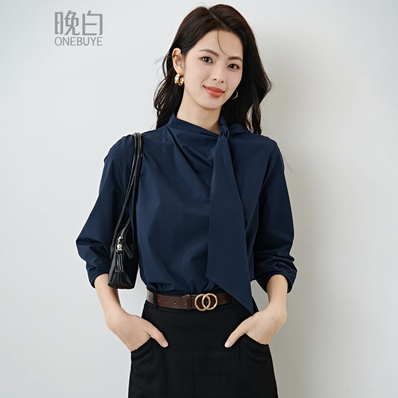 晚白【新品】2026春款时尚法式复古飘带领上衣优雅气质高级感大码衬衫 藏青色 XL