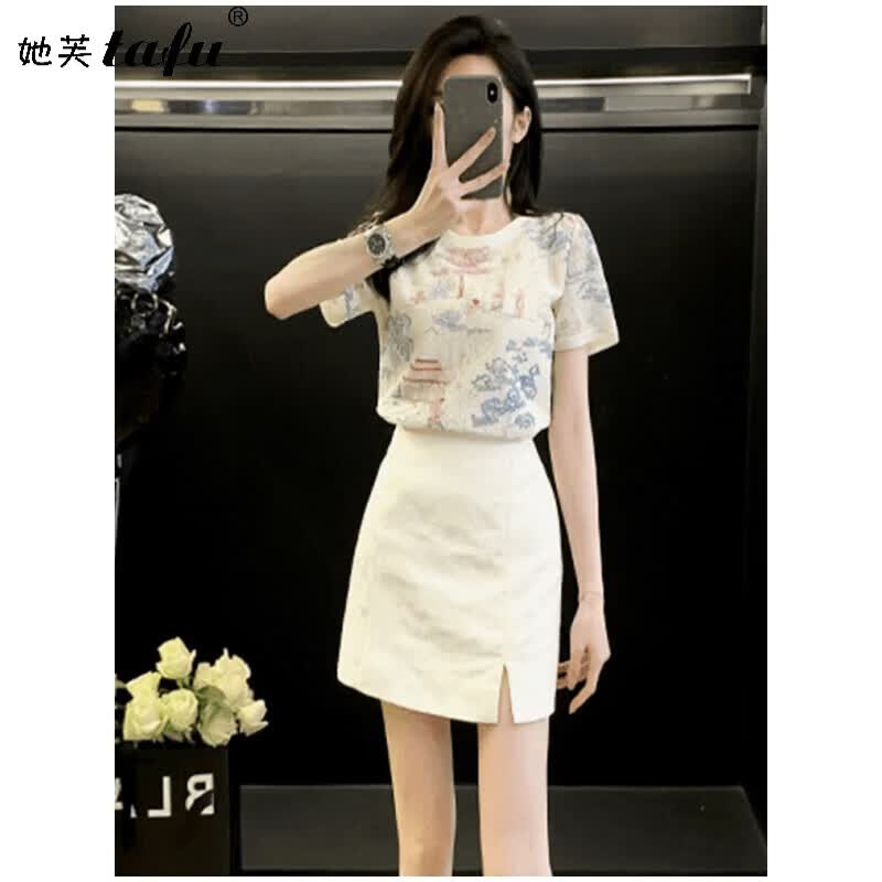她芙（tafu）品牌女装连衣裙女2026夏季新款小个子法式复古开叉显瘦包臀裙子 上衣+白色短裙 M （101-110斤）