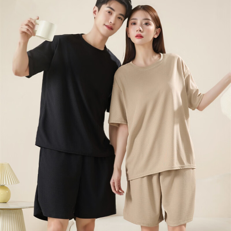 有只绵冰丝华夫格情侣睡衣夏季薄款居家短袖短裤宽松男女家居服套装 黑色 M (男100-115斤/女90-105斤)
