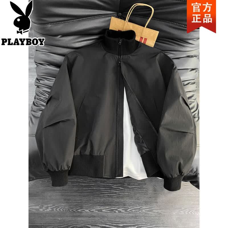 花花公子（PLAYBOY）美式bomber棕色飞行员夹克男款春秋季宽松廓形短款立领外套棒球服 黑色 XL 【建议130-150斤】