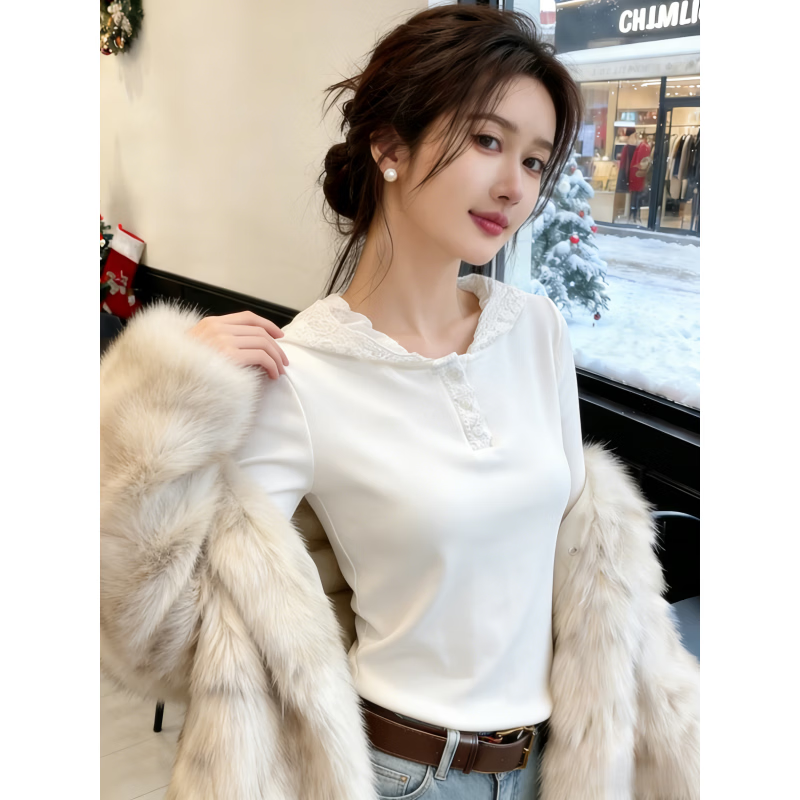 GOYN春秋新款内搭打底衫女可外穿蕾丝拼接连帽长袖上衣坑条磨毛 白色 XL 122-135
