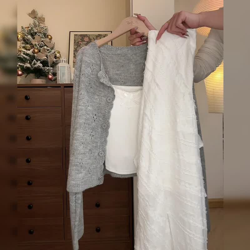 妍莉芬（yanlifen）2026新款法式温柔风白色吊带连衣裙女春季小个子穿搭衣服套装长裙 灰色开衫+白色吊带+白色半裙【三件套】 M 45/55kg