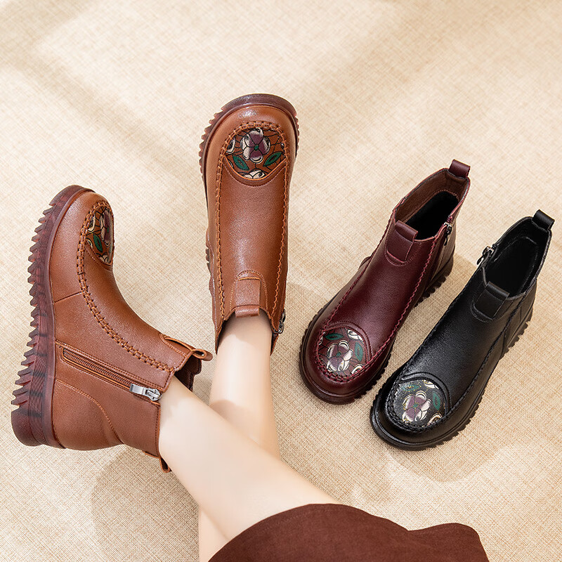 老爷车牛筋软底短靴女加绒保暖加厚棉鞋女冬季新款休闲女靴子 黑色 35