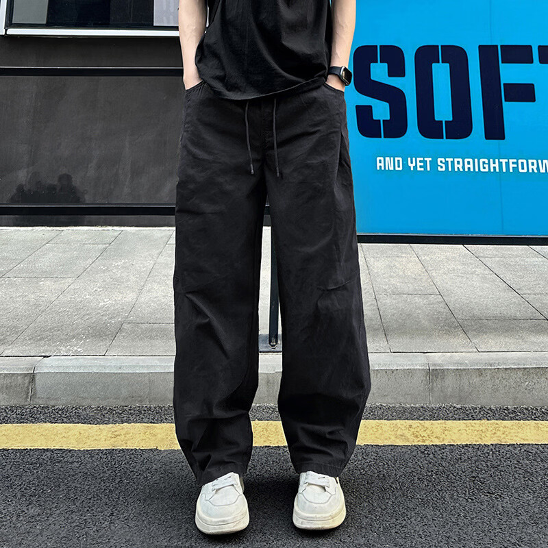 军绿色工装休闲裤  复古高级感褶皱阔腿裤  男女同款裤子 黑色 2XL 适合145-165斤