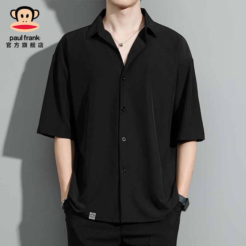 大嘴猴（paul frank）冰丝短袖衬衫男夏季新款潮牌高级感休闲百搭宽松舒适透气衬衣外套 黑色 【冰丝薄款】 XL 【建议140-160斤】