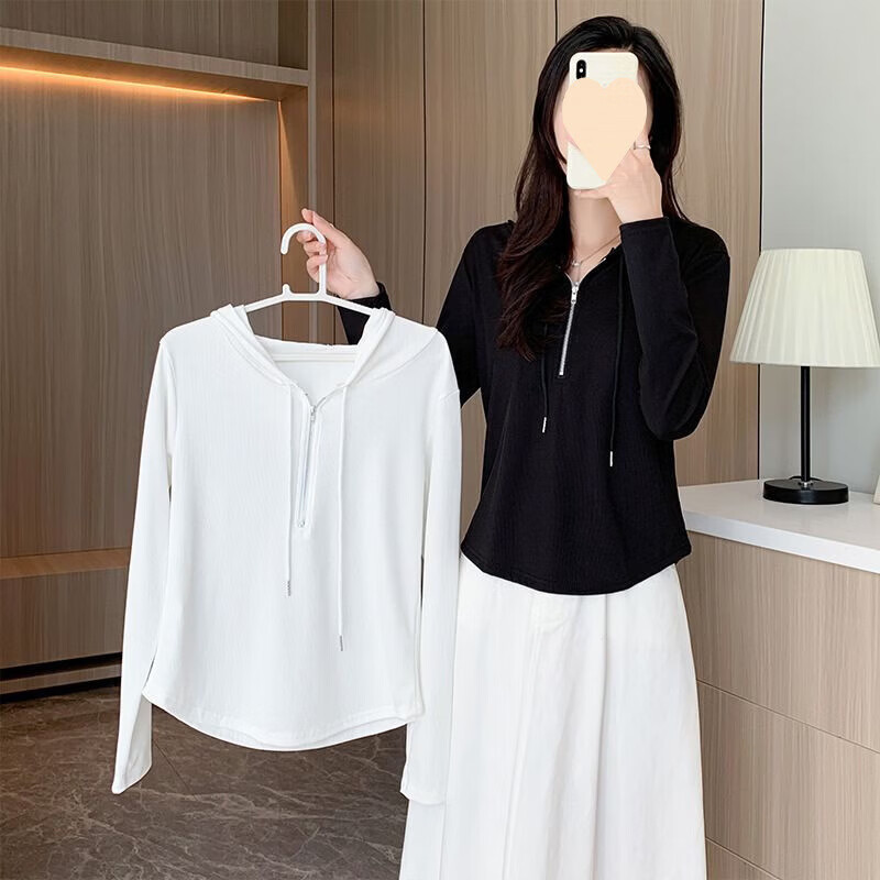有只绵春款长袖T恤衫女装韩版修身显瘦上衣设计感白色燕尾卫衣女 黑色 L 95-110斤
