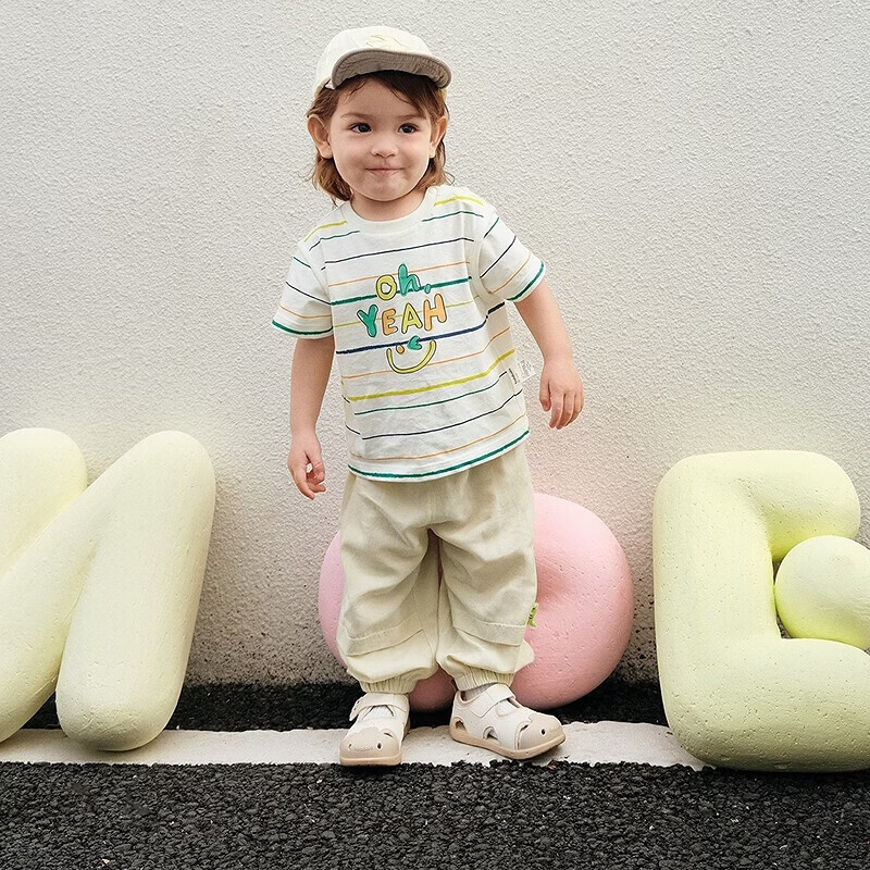巴拉巴拉童装男童短袖套装儿童两件套吸湿速干宝宝女童衣服夏装潮萌趣 黄白色调00331-208225119202 120
