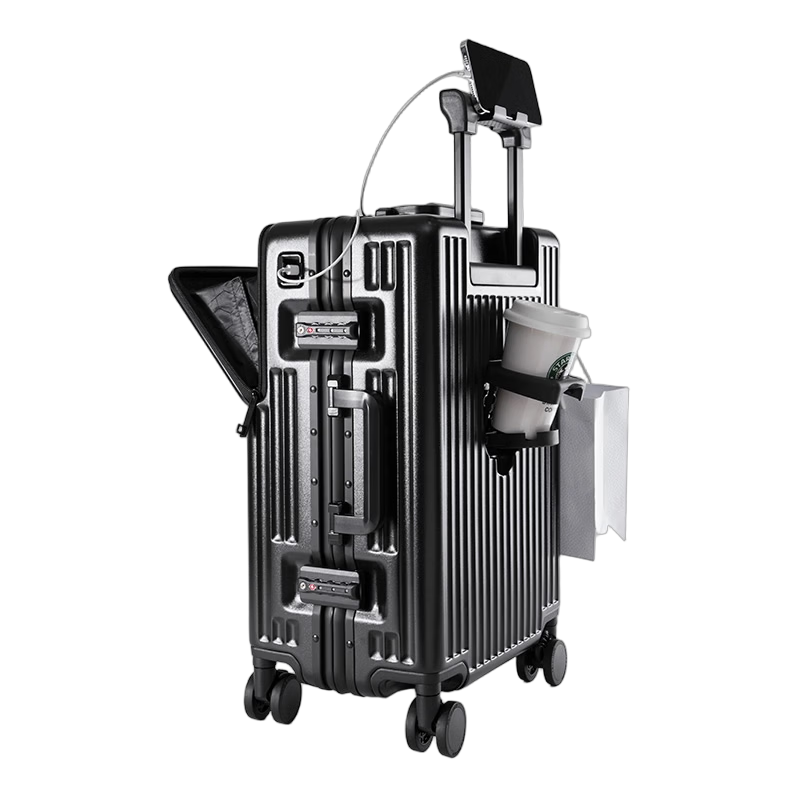 Walker Shop轻奢品牌行李箱铝框登机箱男前开盖多功能拉杆箱密码旅行箱 黑色 24英寸