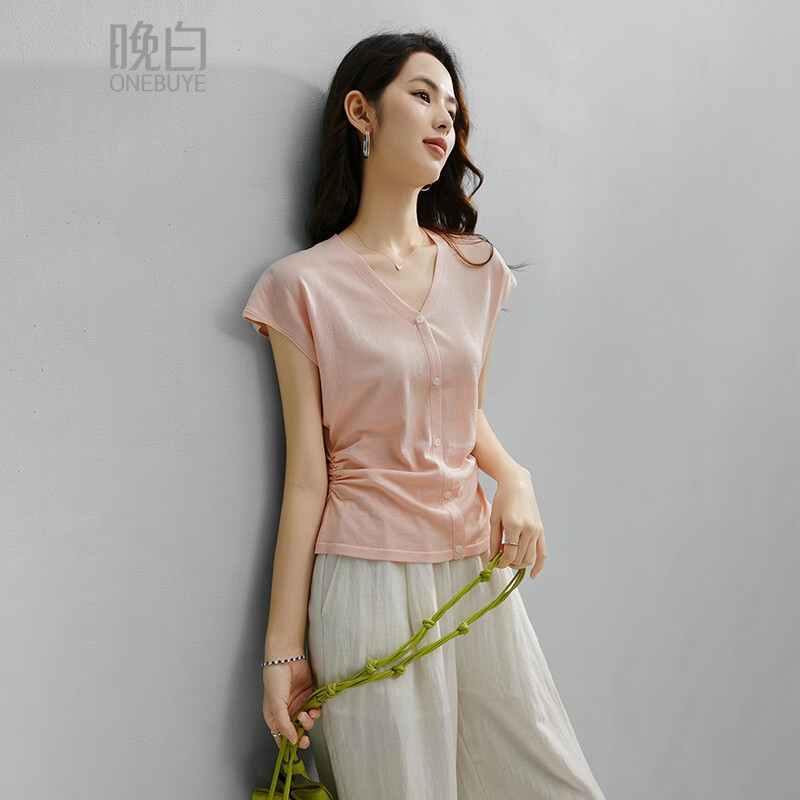 晚白【新品】2026年春款时尚V领上衣柔软亲肤弹力收褶针织衫女 粉色 S