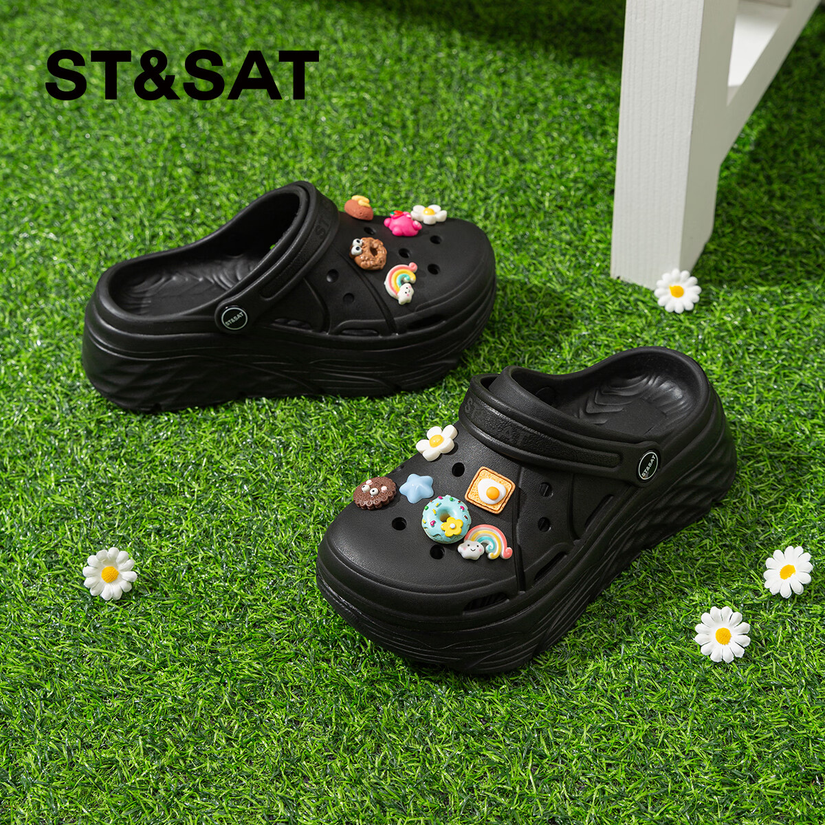 星期六2026夏季新款休闲洞洞鞋女两穿百搭沙滩鞋凉拖鞋厚底增高外穿拖鞋 黑色 【草莓熊】 37