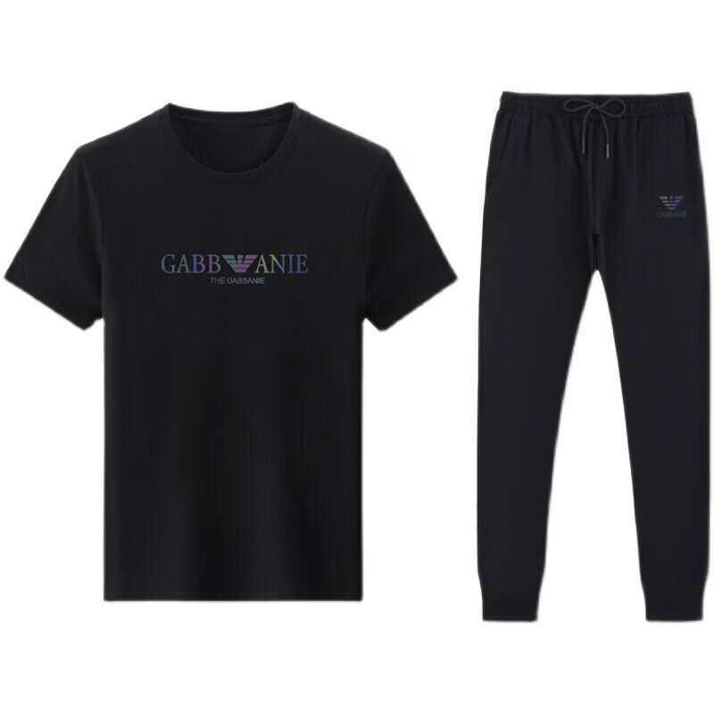 阿玛尼（ARMANI）意大利夏装高端休闲运动服套装男士夏季冰丝潮流两件套 8783黑色短袖+长裤 4XL 190【建议200-220斤】