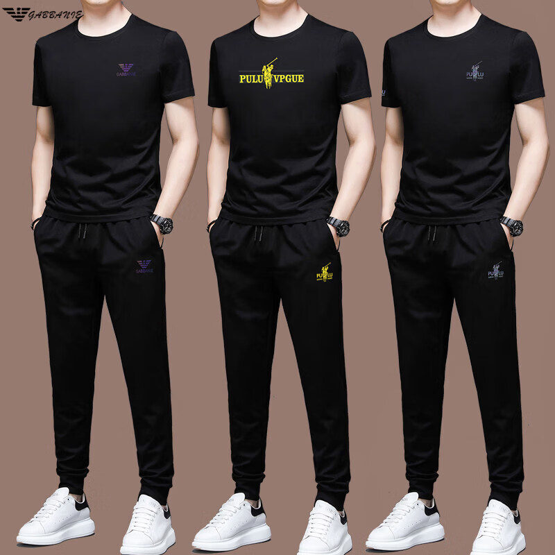 阿玛尼（ARMANI）意大利夏装高端休闲运动服套装男士夏季冰丝潮流两件套 8783黑色短袖+长裤 4XL 190【建议200-220斤】