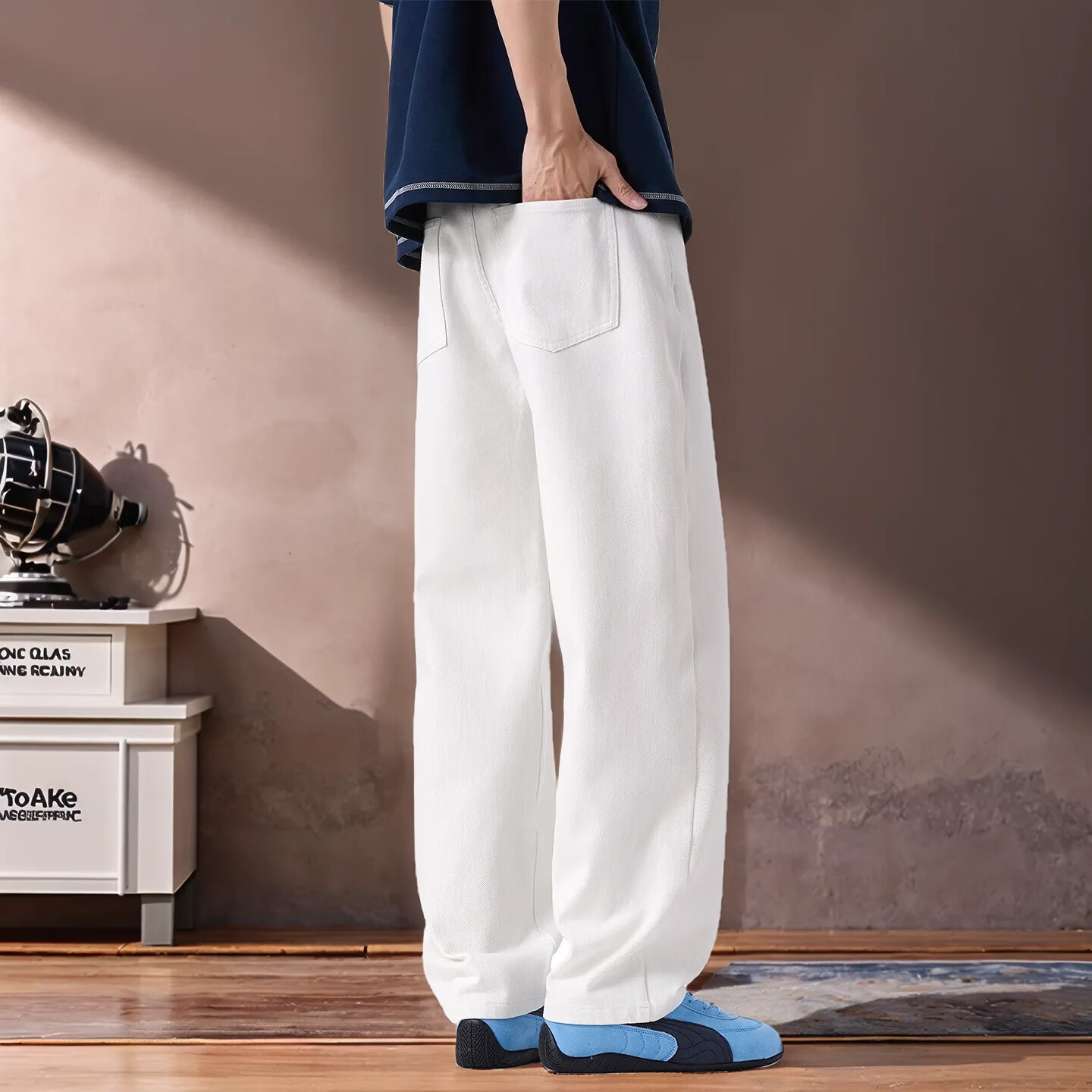 美式重磅cleanfit白色牛仔裤男直筒宽松百搭四面弹阔腿春夏休闲裤 米白 8707 36  建议186-195斤