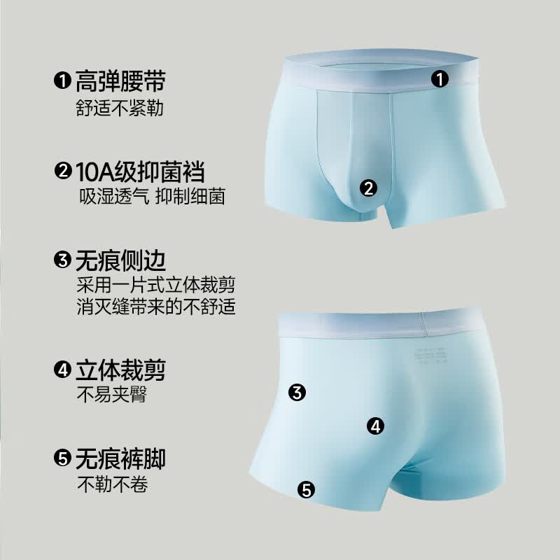 宜而爽内裤男10A抑菌裸感无痕冰丝轻薄舒适透气高弹中腰男士平角短裤衩 宝蓝+浅灰+天蓝 3条 L 建议【100-120斤】