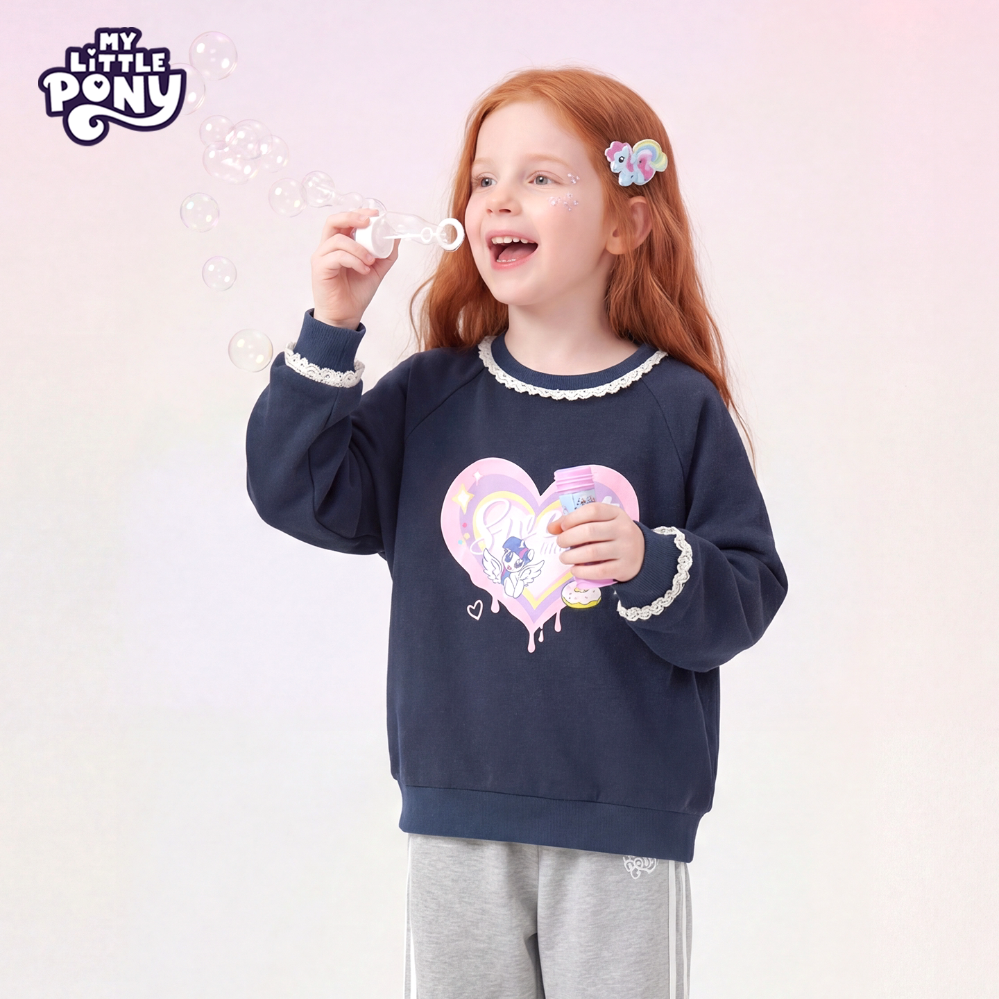 小马宝莉女童卫衣春季2026新款中大童长袖上衣春装圆领宽松外套春 【蕾丝花边圆领卫衣】自信紫悦粉 140