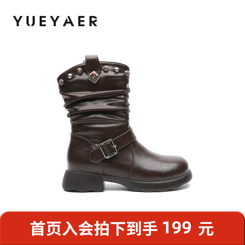 月芽儿美拉德风皮带扣堆堆靴女冬季褶皱中筒靴铆钉装饰时装靴 绒里咖啡色20T 34