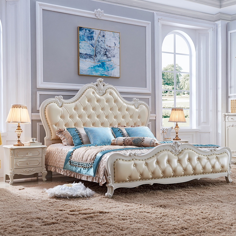 8米真皮公主双人床 现代简约卧室雕花家具 实木床象牙 真皮床裸床