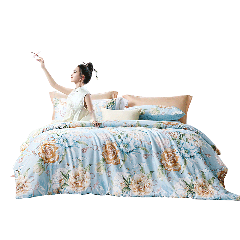 富安娜家纺 圣之花 床上四件套纯棉斜纹全棉套件单双人床单被罩 圣之花-【纯棉】风华系列-蓝海音 1.5米床 床单款 （被套203*229cm）