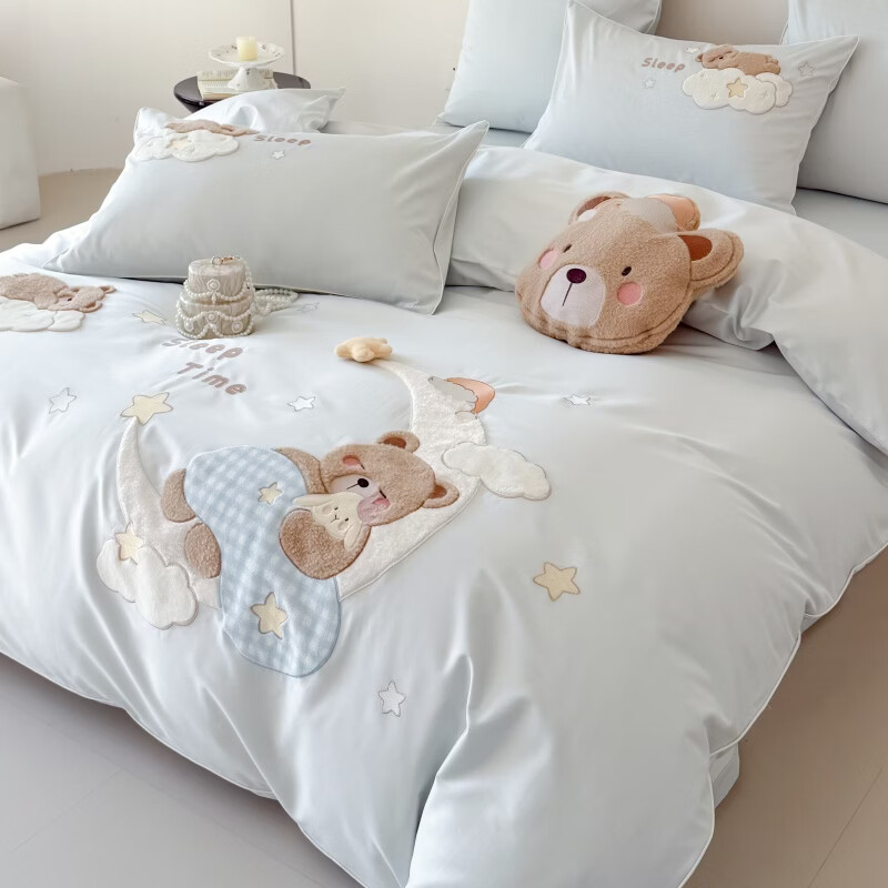 ROLAND LIVE春夏新疆长绒棉卡通小熊贴布绣四件套被套床单儿童卧室全棉三件套 WL 长绒棉套件-晚安熊【送同款抱枕】 1.2米床 床单款 【被套150*200cm】