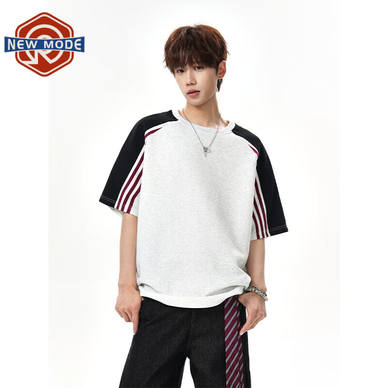NEW OR MODE美式复古条纹短袖t恤男夏季新款宽松拼接撞色百搭情侣半袖上衣T恤 白灰色【高品质】 2XL 【建议140-160斤】