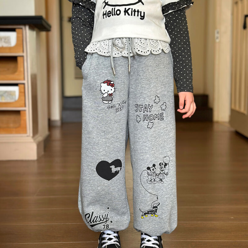 栀了成长记童装女童韩版休闲束脚裤2026春季儿童可爱百搭宽松裤子 灰色 裤子 150 cm