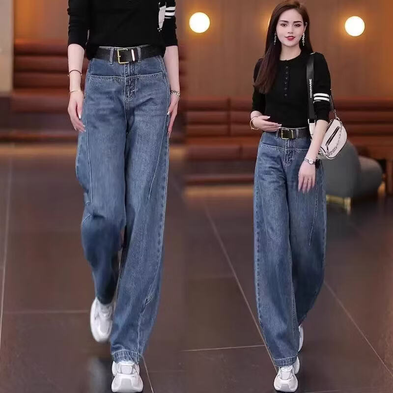 2026春季新款窄版弯刀牛仔裤女高腰显瘦垂感直筒休闲阔腿裤 复古蓝牛仔裤 L 建议【106-115斤】