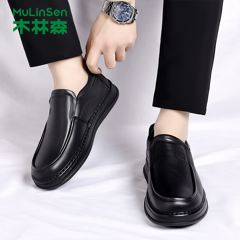 木林森品牌专卖真皮男鞋休闲鞋圆头套脚皮鞋男头层牛皮软底厚底爸爸鞋 黑色(加绒) 39